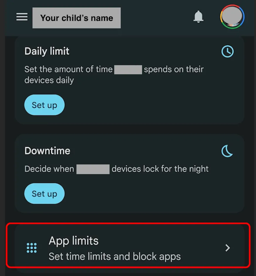 Family Link App limits