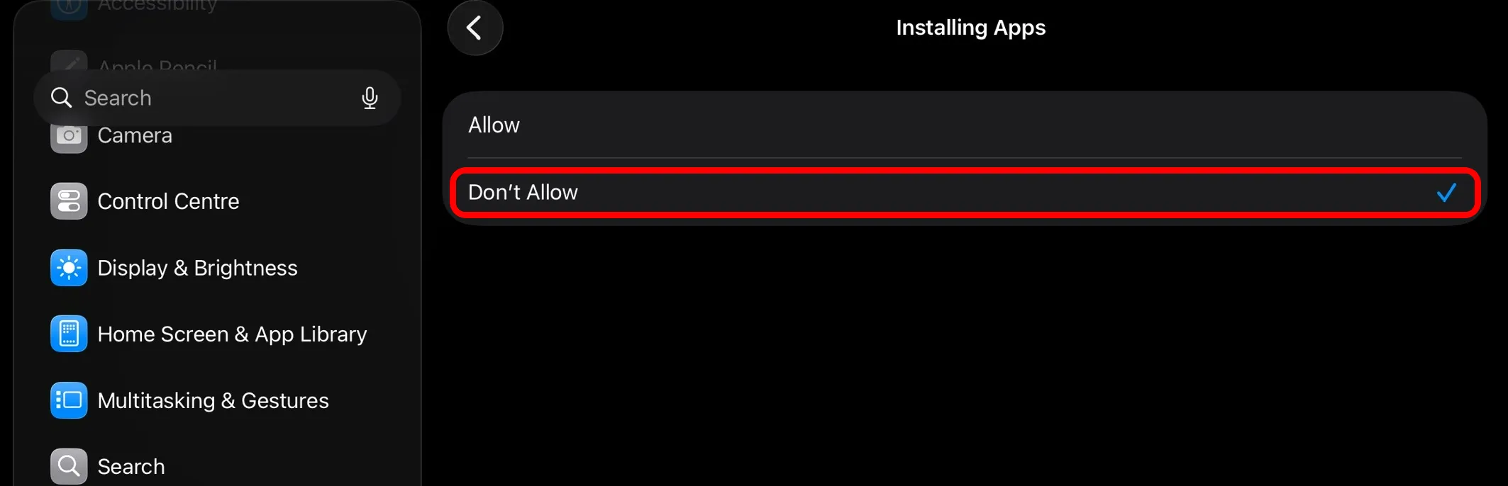Installing Apps set to Don't Allow